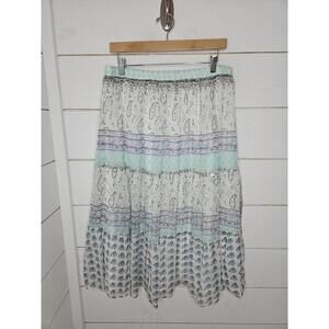 Madison Grey medium blue white & aqua tiered bohemain midi skirt